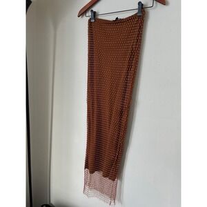 ENVME Brown Festival Rhinestone Fishnet Midi Skirt  Embellished Sheer Mesh S